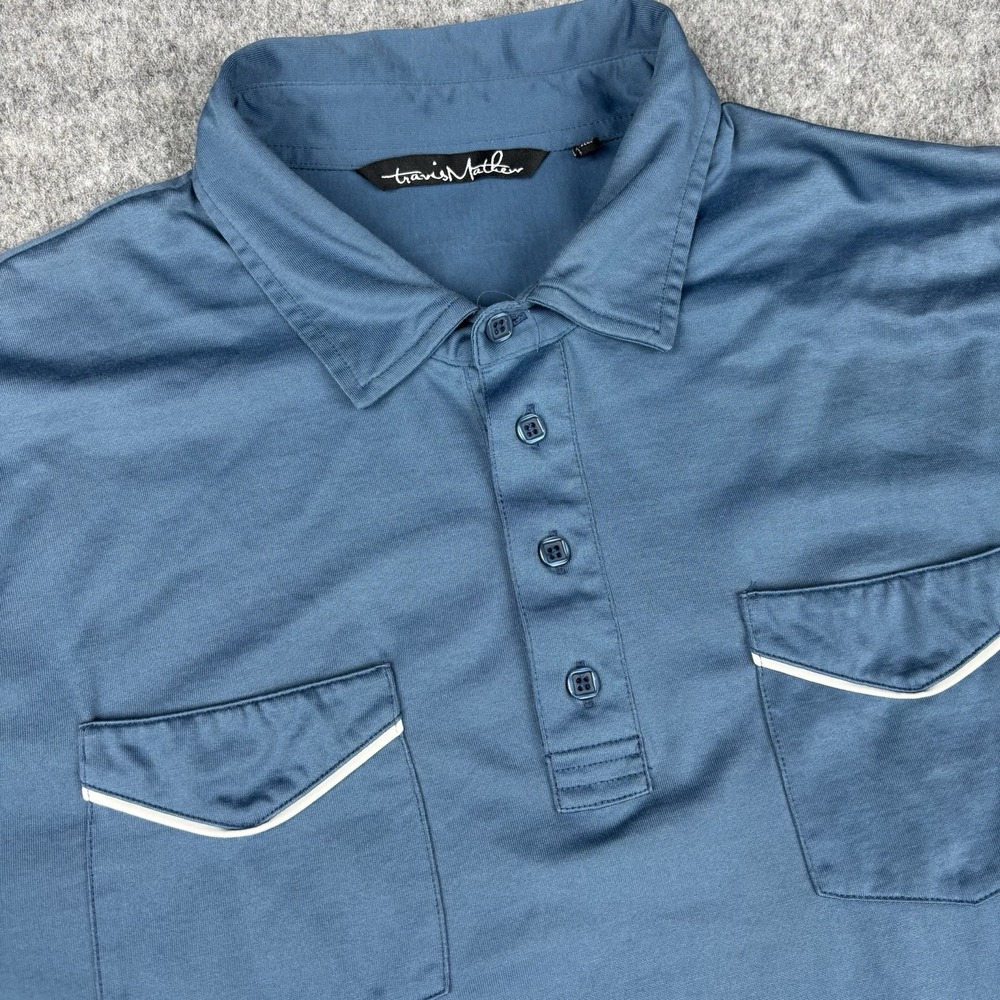 Travis Mathew Polo Shirt Mens Xl Blue Dual Pocket Golf Pima Cotton Stretch EUC